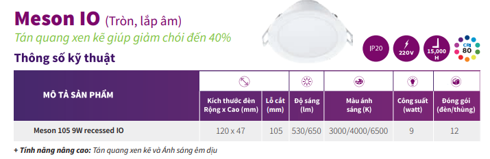 Thông số kỹ thuật đèn Downlight âm trần Led Philips 59449 Meson 105 9W 65K recessed IO