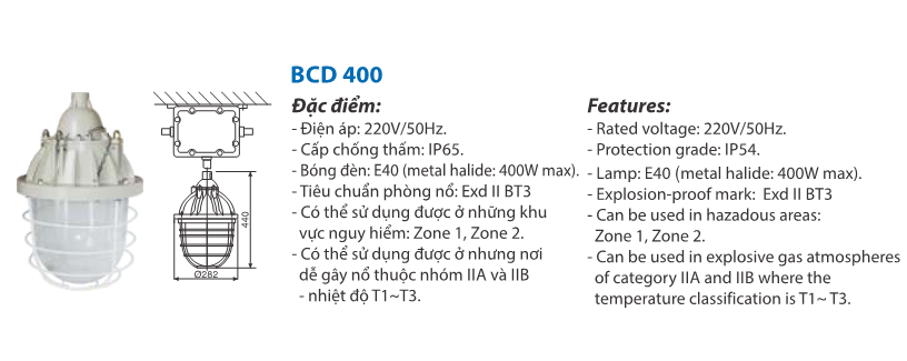 Bộ đèn cao áp phòng chống cháy nổ BCD400 sử dụng bóng cao áp Philips HPI-Plus 400